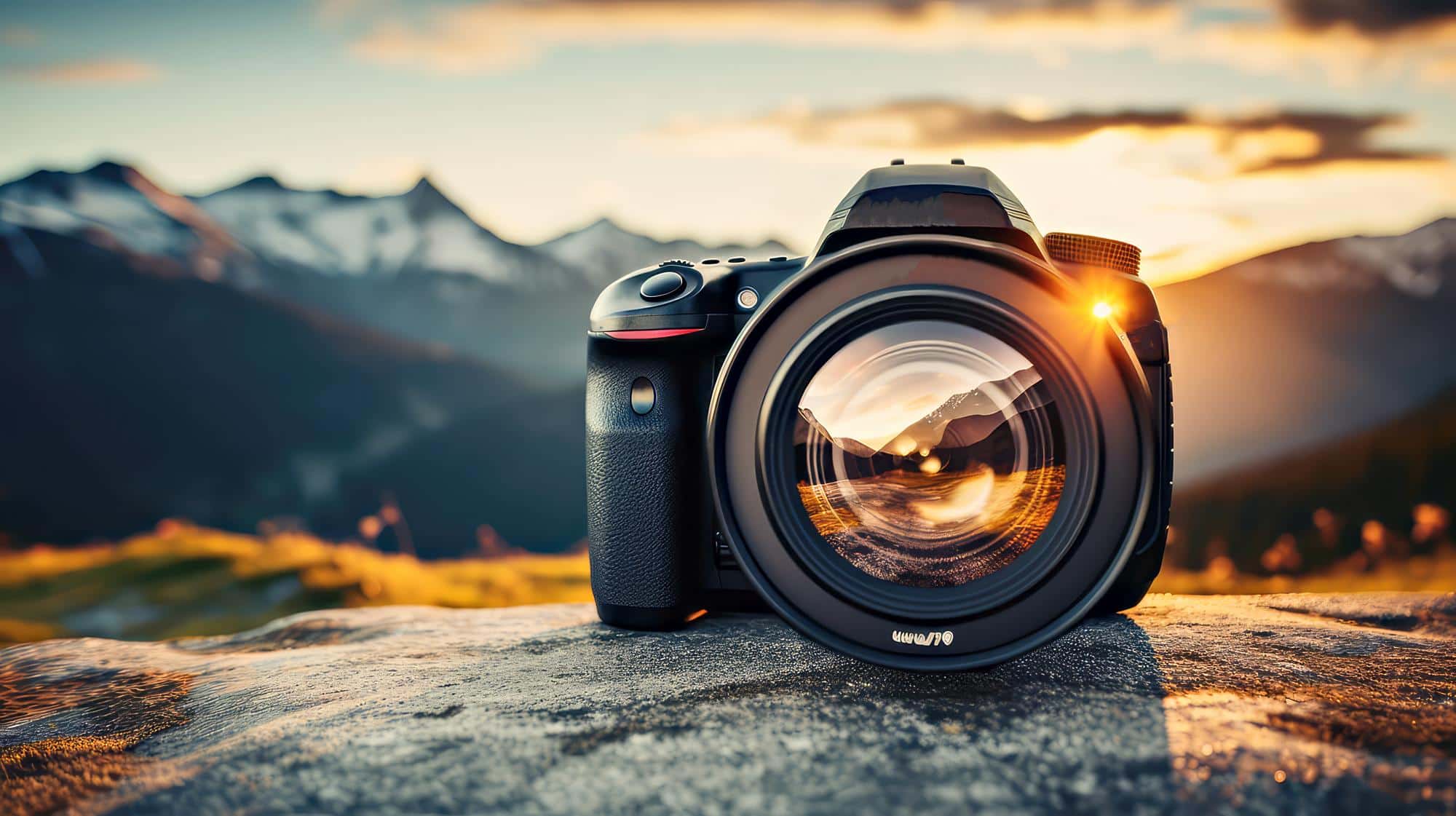 Camera photographing a mountain landscape